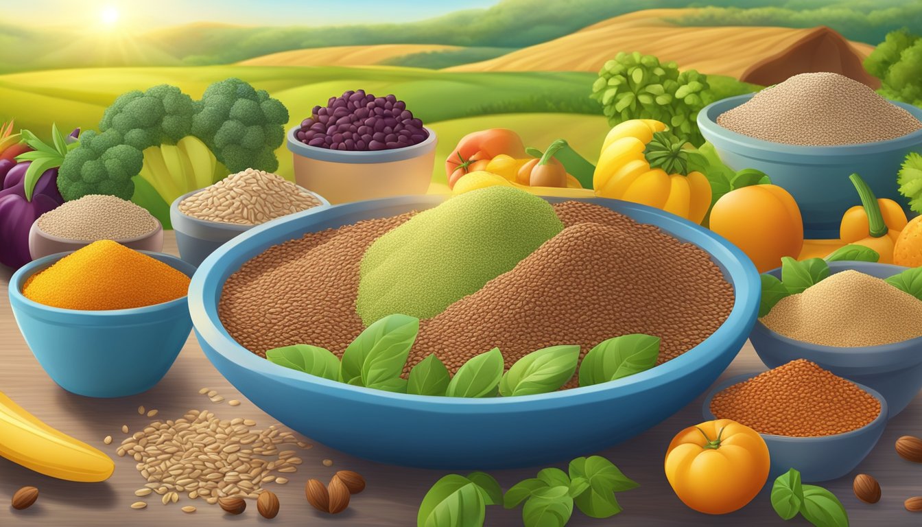 A colorful array of whole flaxseeds and ground flaxseed powder, surrounded by vibrant fruits and vegetables, with a backdrop of a sunny field