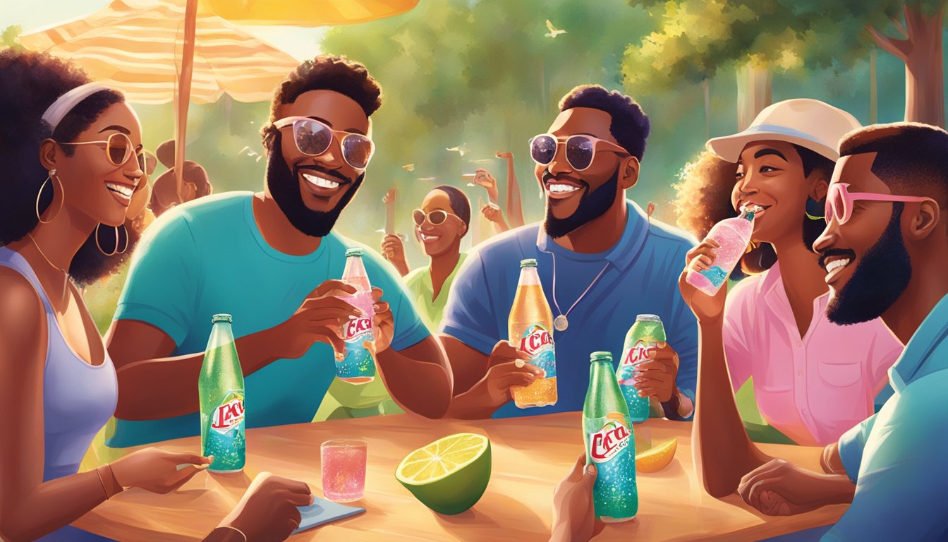 A group of diverse individuals enjoying La Croix sparkling water in a vibrant outdoor setting