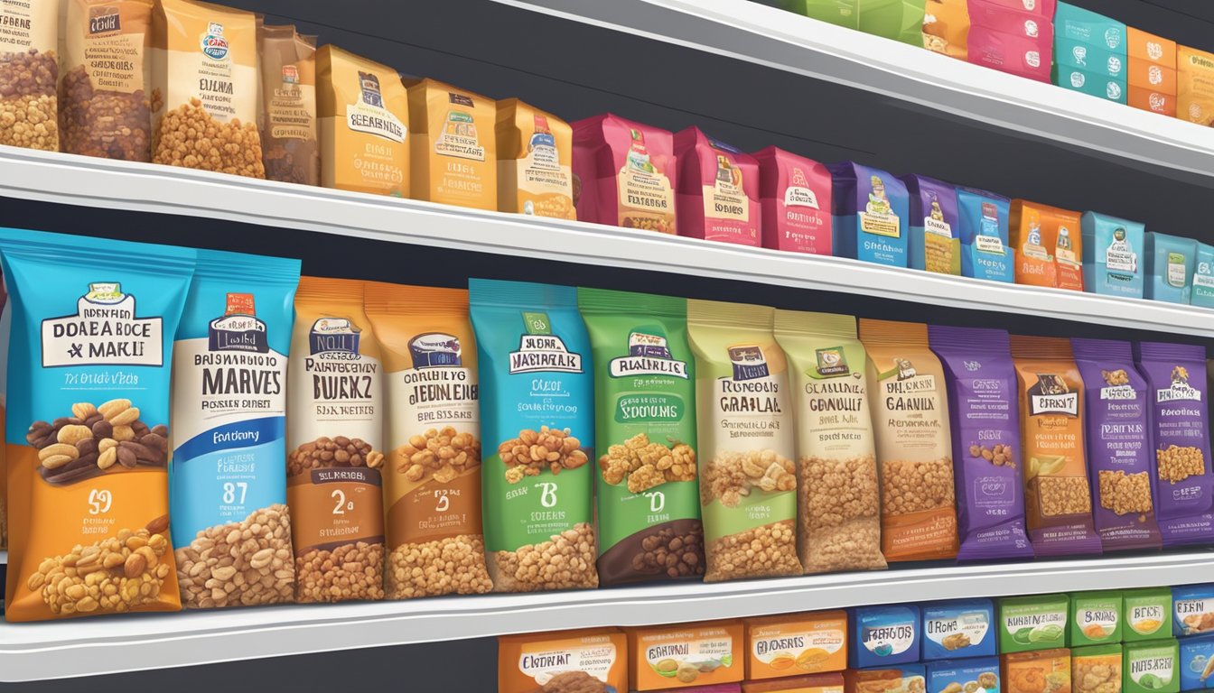 A variety of granola bar brands displayed on a supermarket shelf, with labels indicating different flavors and nutritional information