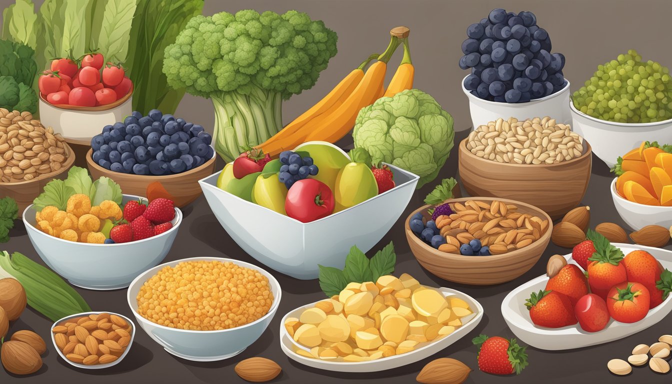 A table set with a variety of nutrient-dense foods, including fruits, vegetables, nuts, and whole grains, arranged in an appealing and appetizing display