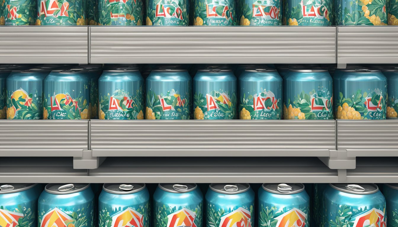 A crate of La Croix sparkling water cans neatly stacked on a warehouse shelf