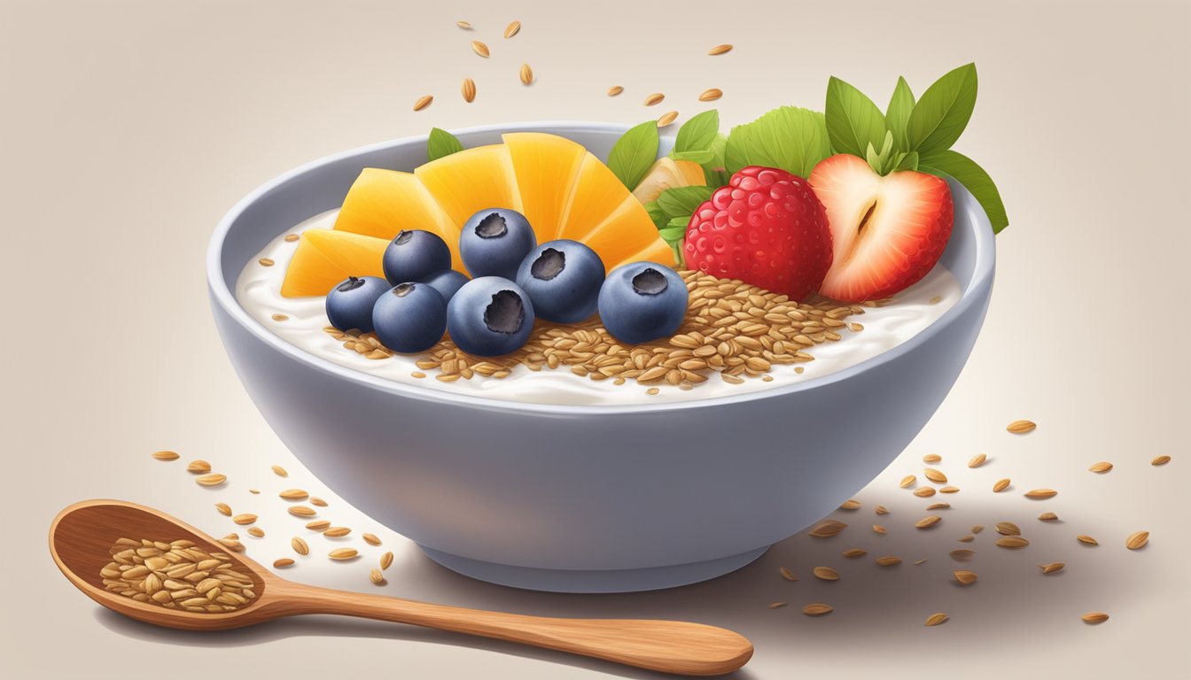 A wooden spoon sprinkling ground flaxseed onto a bowl of yogurt and fruit