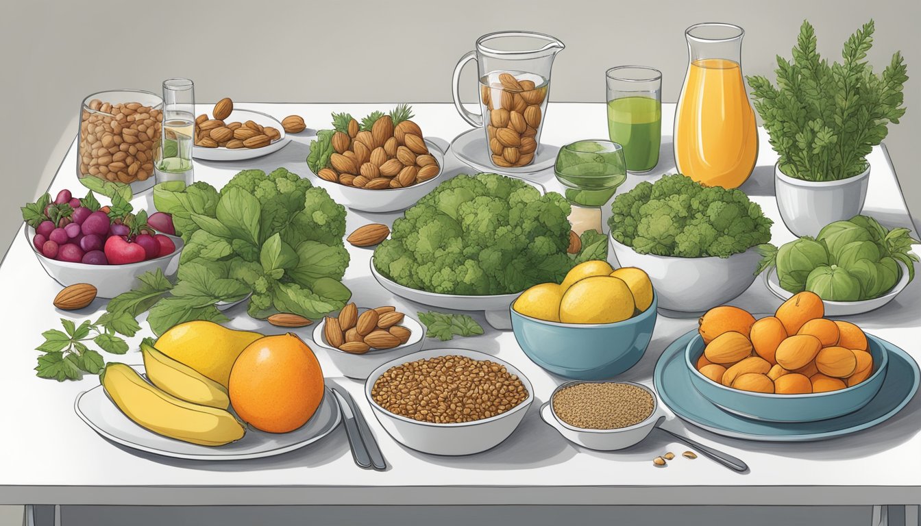 A table set with a variety of plant-based foods, including nuts, seeds, fruits, and vegetables, with a glass of water and herbal tea, representing options for "fasting" days in a modified alternate-day fasting (ADF) diet