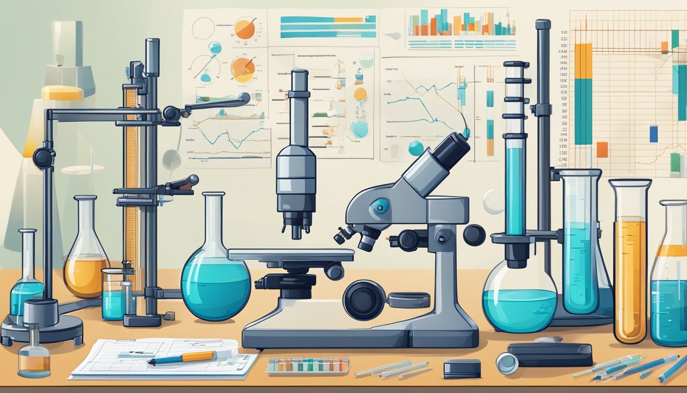 A laboratory setting with test tubes, scientific equipment, and a microscope, surrounded by charts and graphs showing biochemical and physiological changes