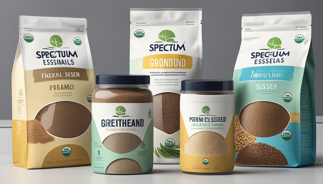 A variety of spectrum essentials organic ground flaxseed products displayed in different packaging options on a clean, modern kitchen countertop