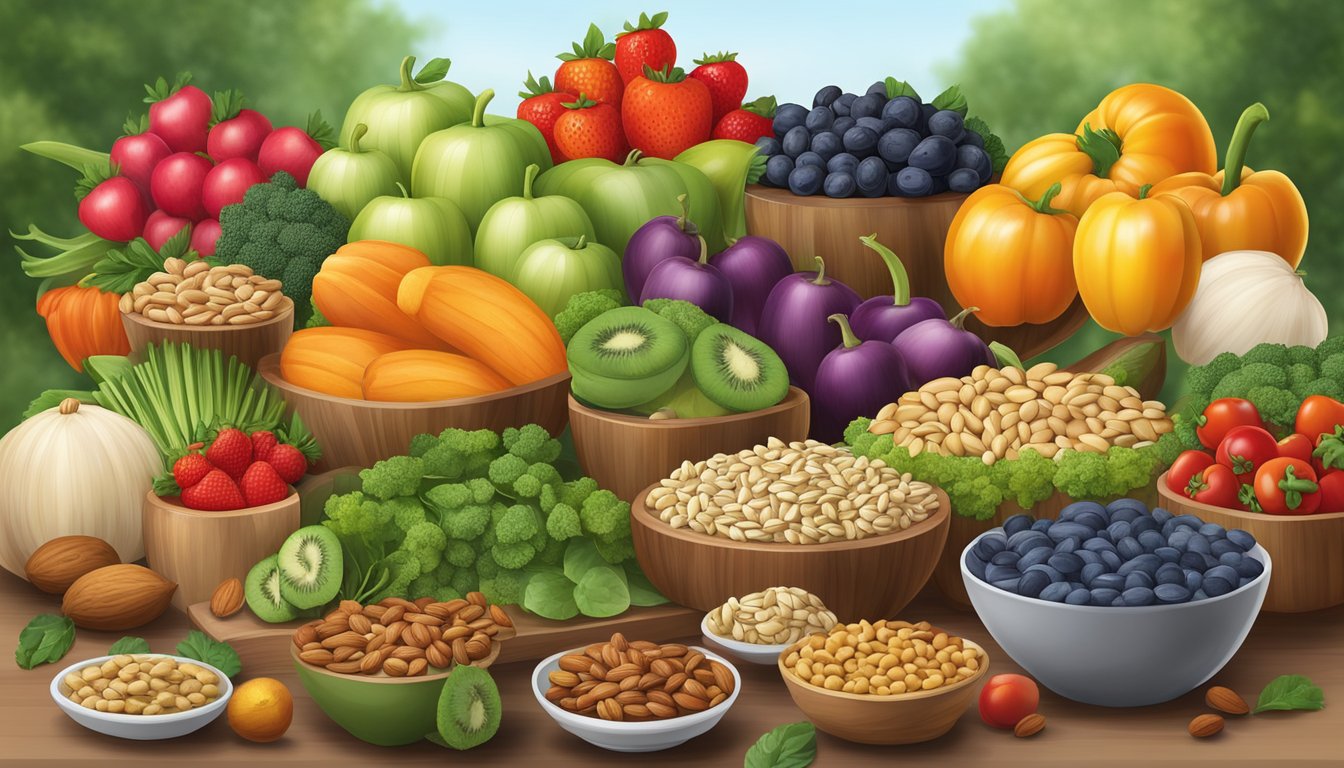 A table set with a variety of plant-based foods, such as nuts, seeds, fruits, and vegetables, arranged in an appealing and appetizing display