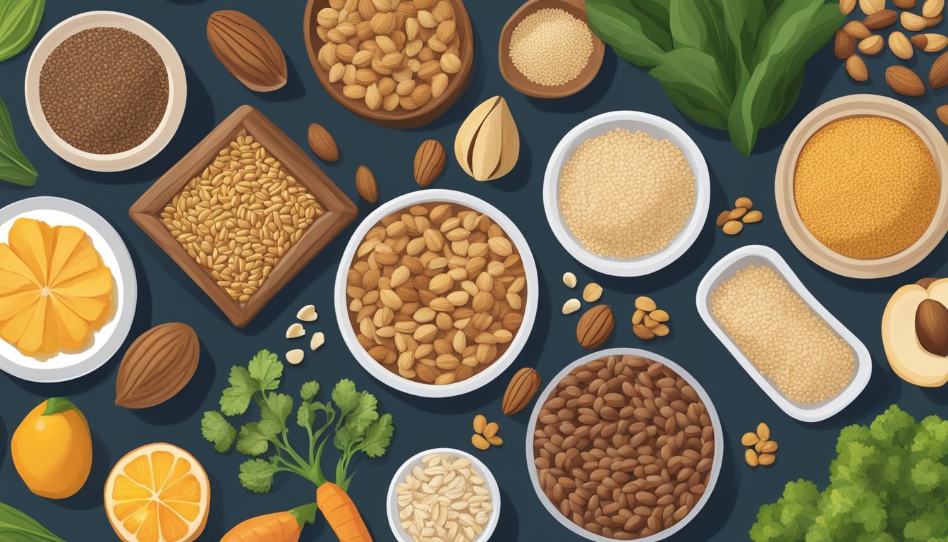 A table set with a variety of plant-based foods, including nuts, seeds, fruits, vegetables, and whole grains, arranged in an aesthetically pleasing manner