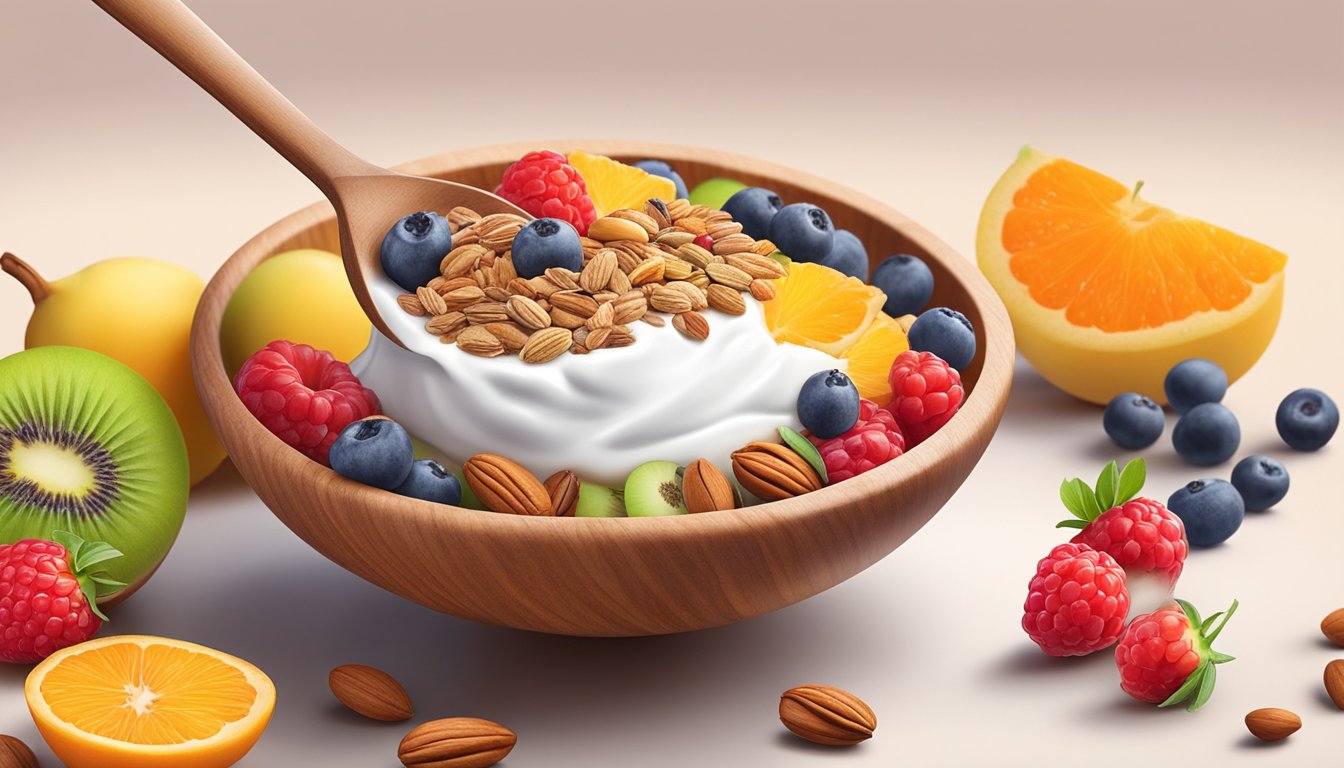 A wooden spoon sprinkling ground flaxseed onto a bowl of yogurt surrounded by a variety of colorful fruits and nuts