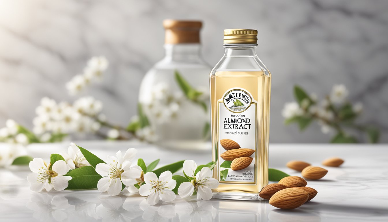 A clear glass bottle of Watkins Pure Almond Extract stands on a white marble countertop, surrounded by scattered almonds and a sprig of fresh almond blossoms