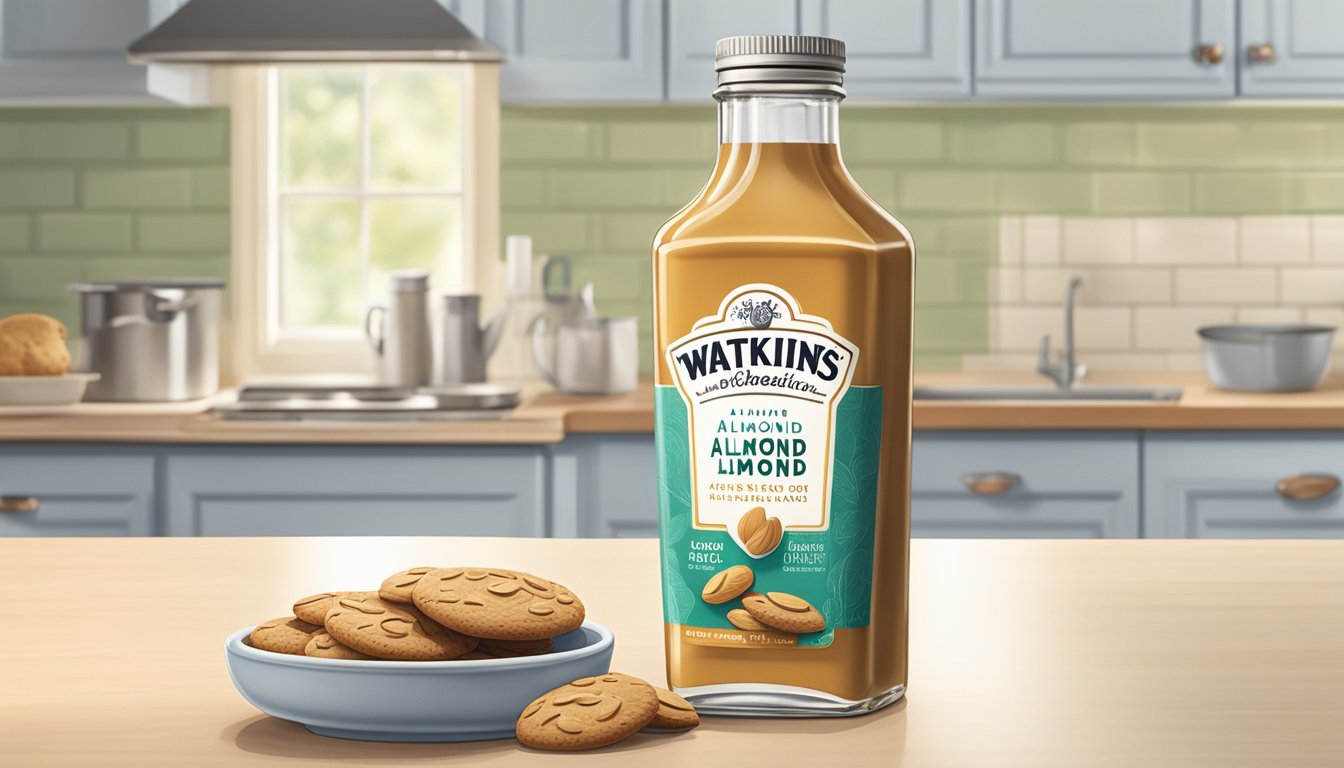 A bottle of Watkins Pure Almond Extract sits on a clean, well-lit kitchen counter next to a bowl of freshly baked almond-flavored cookies