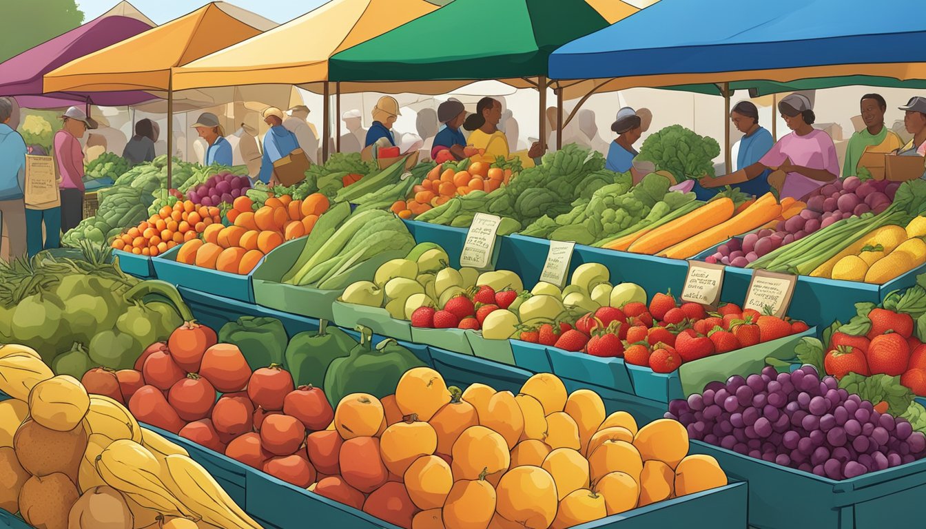 A diverse array of fresh, colorful fruits and vegetables arranged in an inviting display at a bustling farmers' market