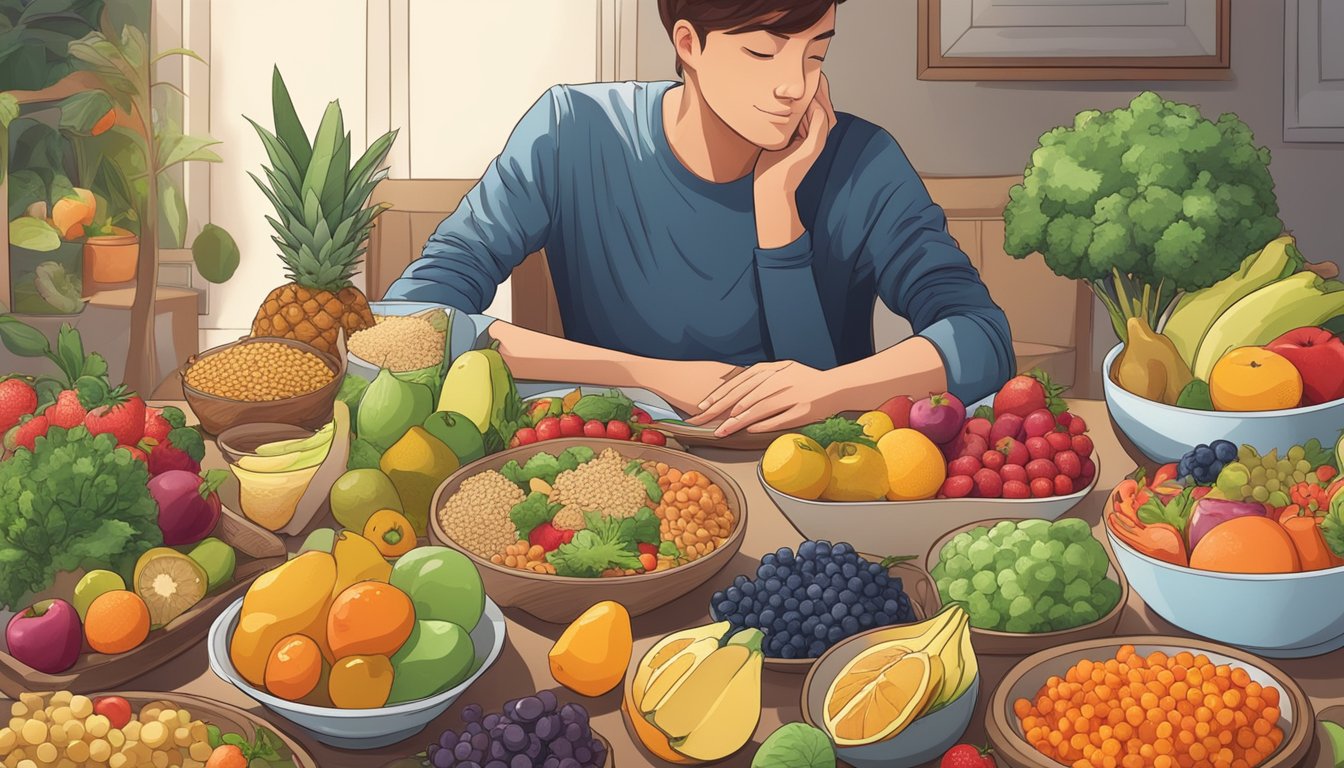 A person sitting at a table with a variety of healthy, colorful foods spread out in front of them, surrounded by images of fruits, vegetables, and whole grains