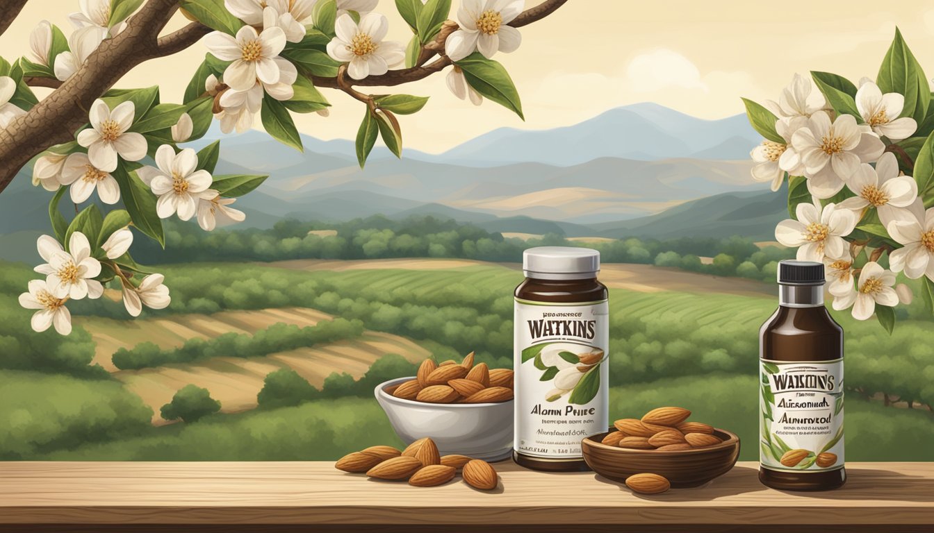 A row of almond trees with ripe, fragrant almonds hanging from the branches. A bottle of Watkins pure almond extract sits on a wooden table next to a mortar and pestle