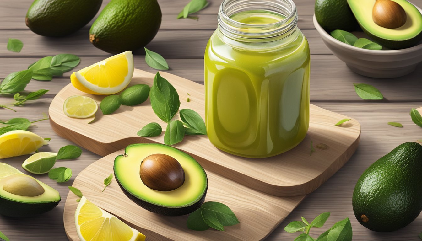 A jar of Primal Kitchen avocado oil mayo surrounded by fresh avocados, lemons, and herbs on a rustic wooden table