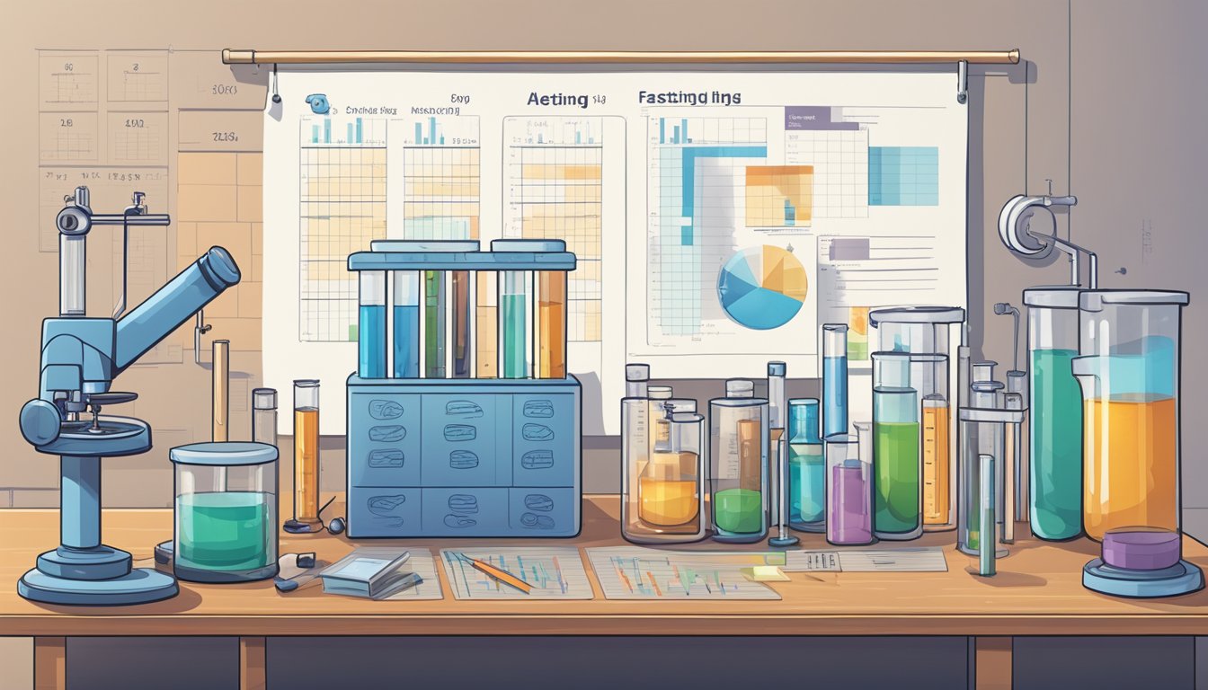 A lab setting with test tubes, microscopes, and aging-related charts and graphs. A calendar on the wall shows alternating fasting days