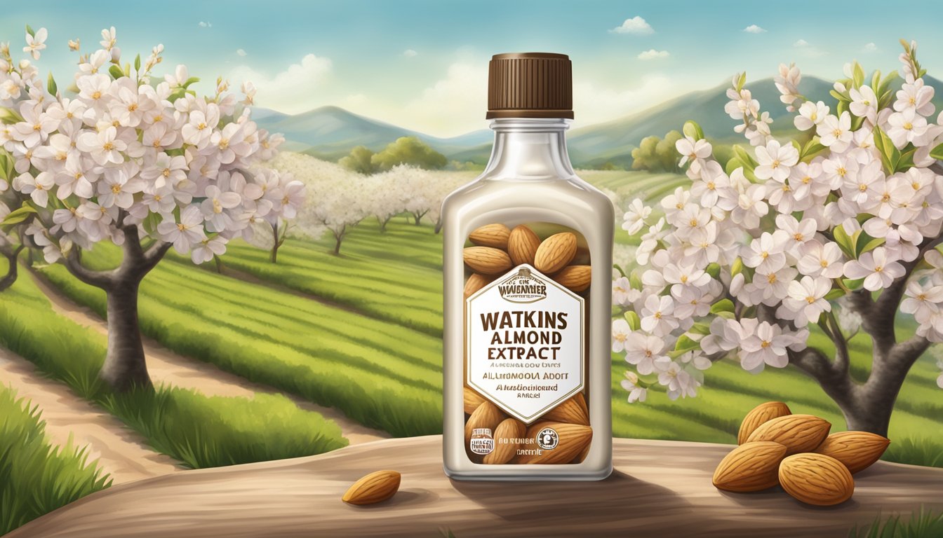 A bottle of Watkins Pure Almond Extract surrounded by fresh almonds and blooming almond trees