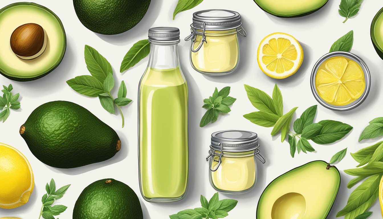 A table with jars of Primal Kitchen avocado oil mayo in various flavors and sizes, surrounded by fresh ingredients like avocados, lemons, and herbs