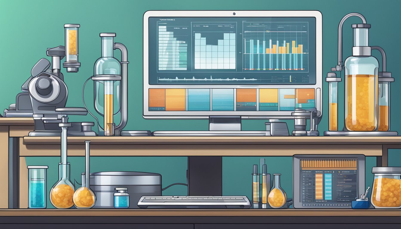 A laboratory table with test tubes, microscopes, and computer screens displaying data on alternate day fasting and aging