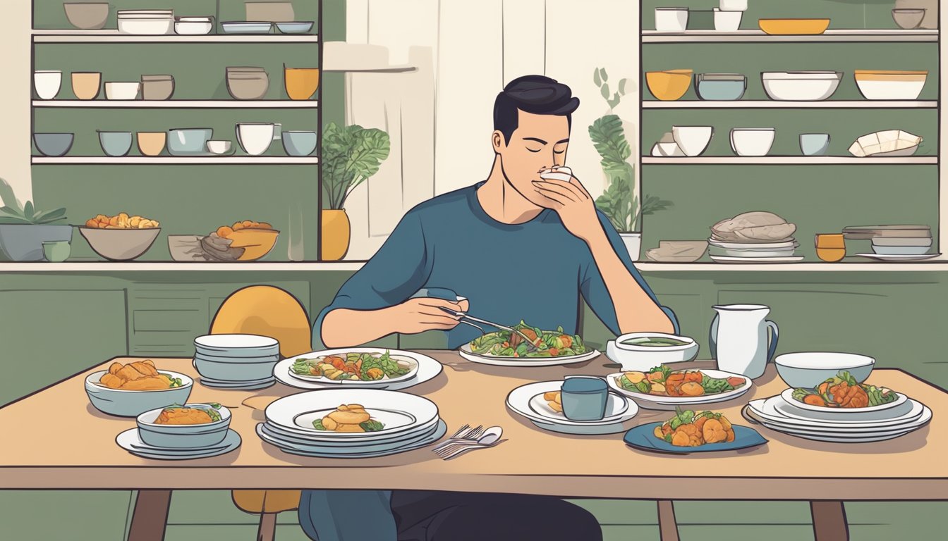 A person sitting at a table with a single plate of food, surrounded by empty dishes. The person is calmly eating their meal, with a focused and disciplined expression