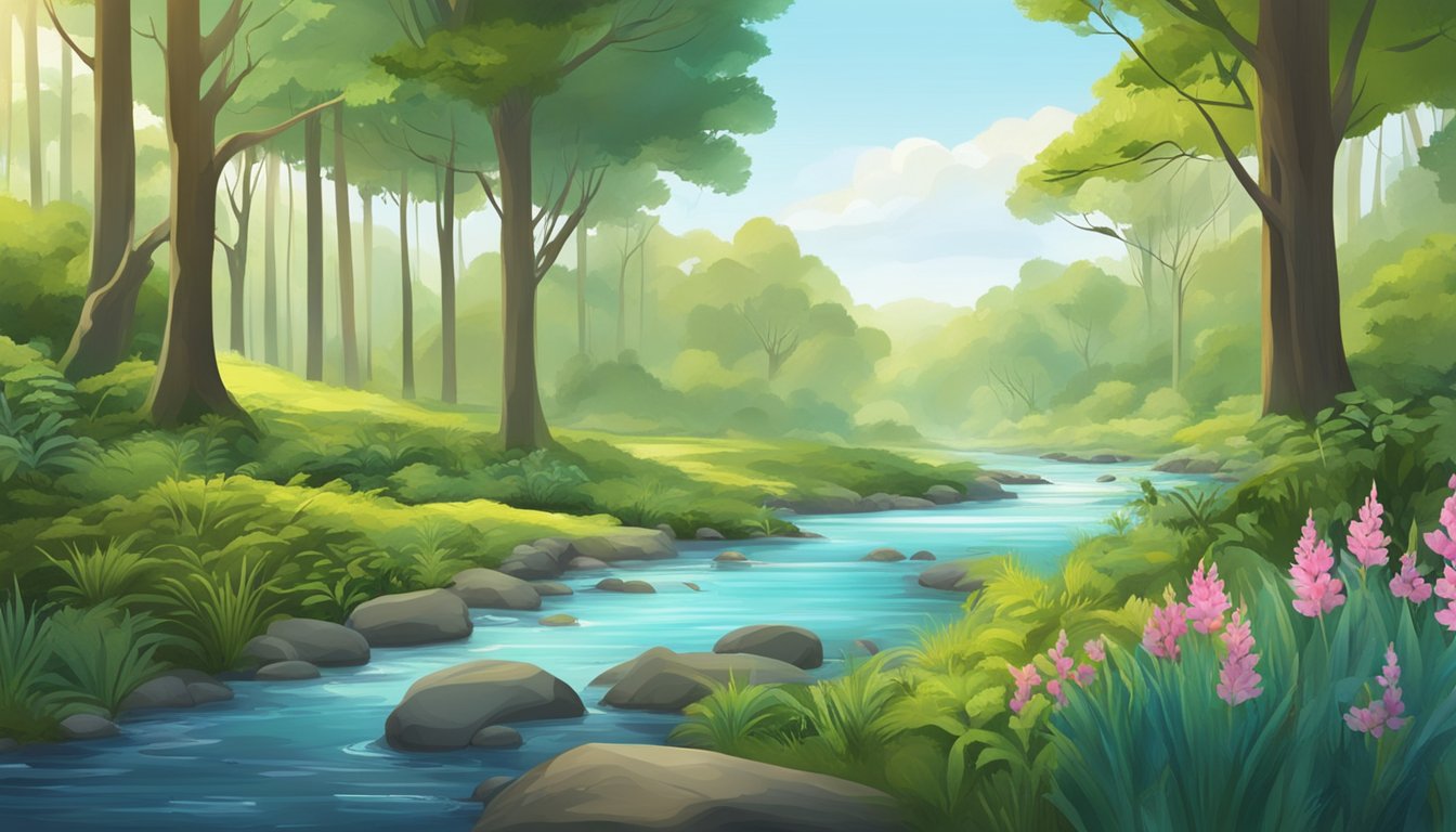 A serene forest with a clear stream, surrounded by diverse flora and fauna