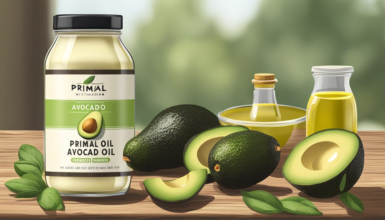 A jar of Primal Kitchen avocado oil mayo sitting on a rustic wooden table, surrounded by fresh vegetables and a bottle of olive oil