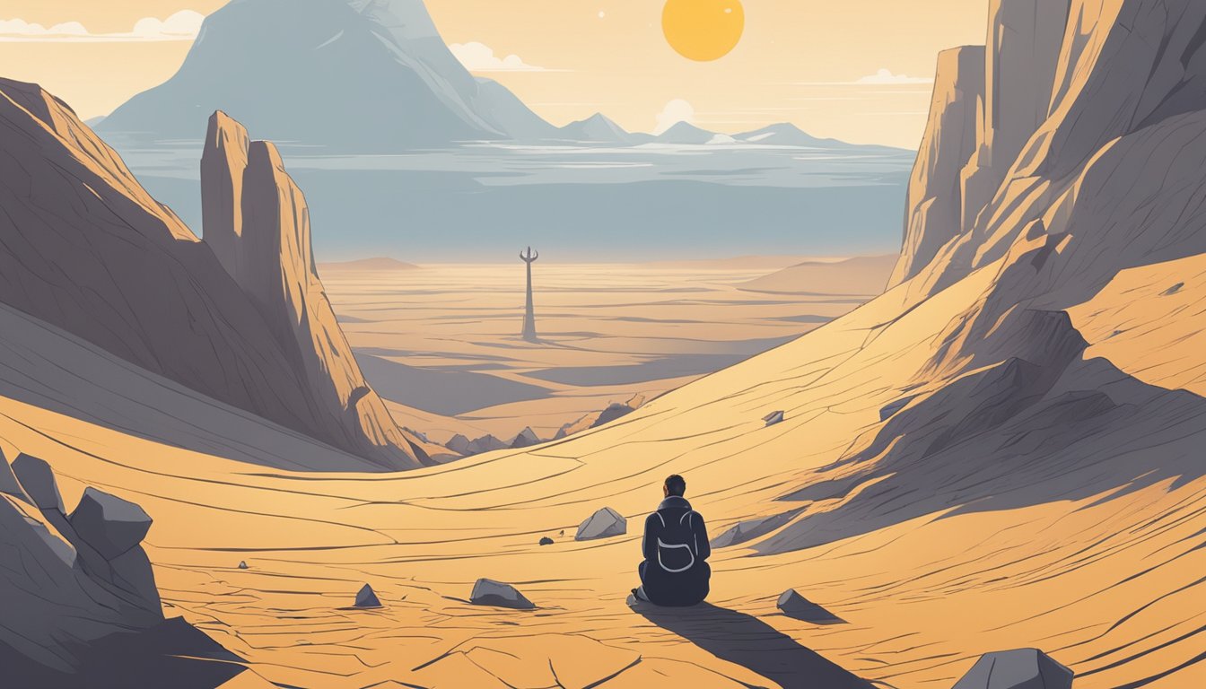 A lone figure sits in a barren landscape, surrounded by symbols of mental strength and challenge. The sun beats down, emphasizing the struggle of mastering OMAD