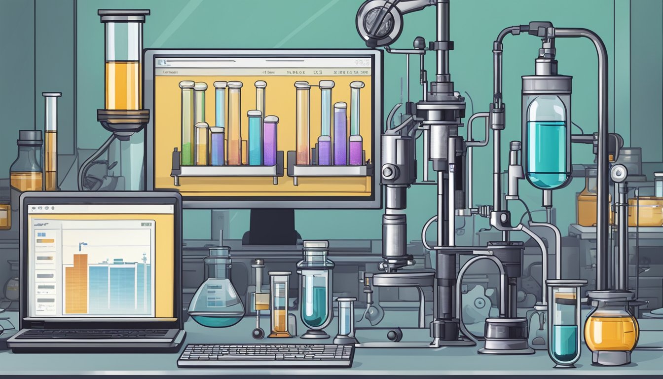 A laboratory setting with test tubes, scientific equipment, and a microscope. A computer screen displays data on alternate day fasting and aging