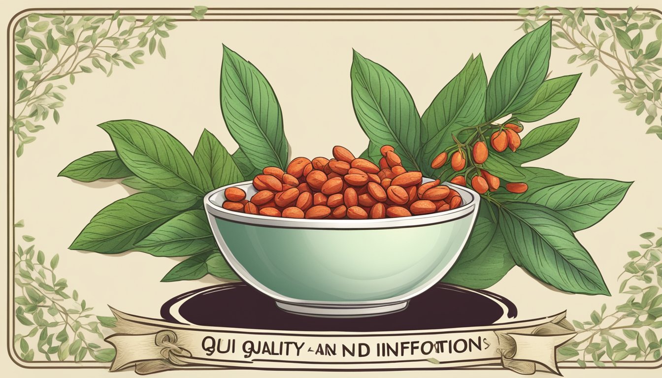 A bowl of organic goji berries surrounded by a halo of leaves and a label with "Quality and Safety Information" displayed prominently