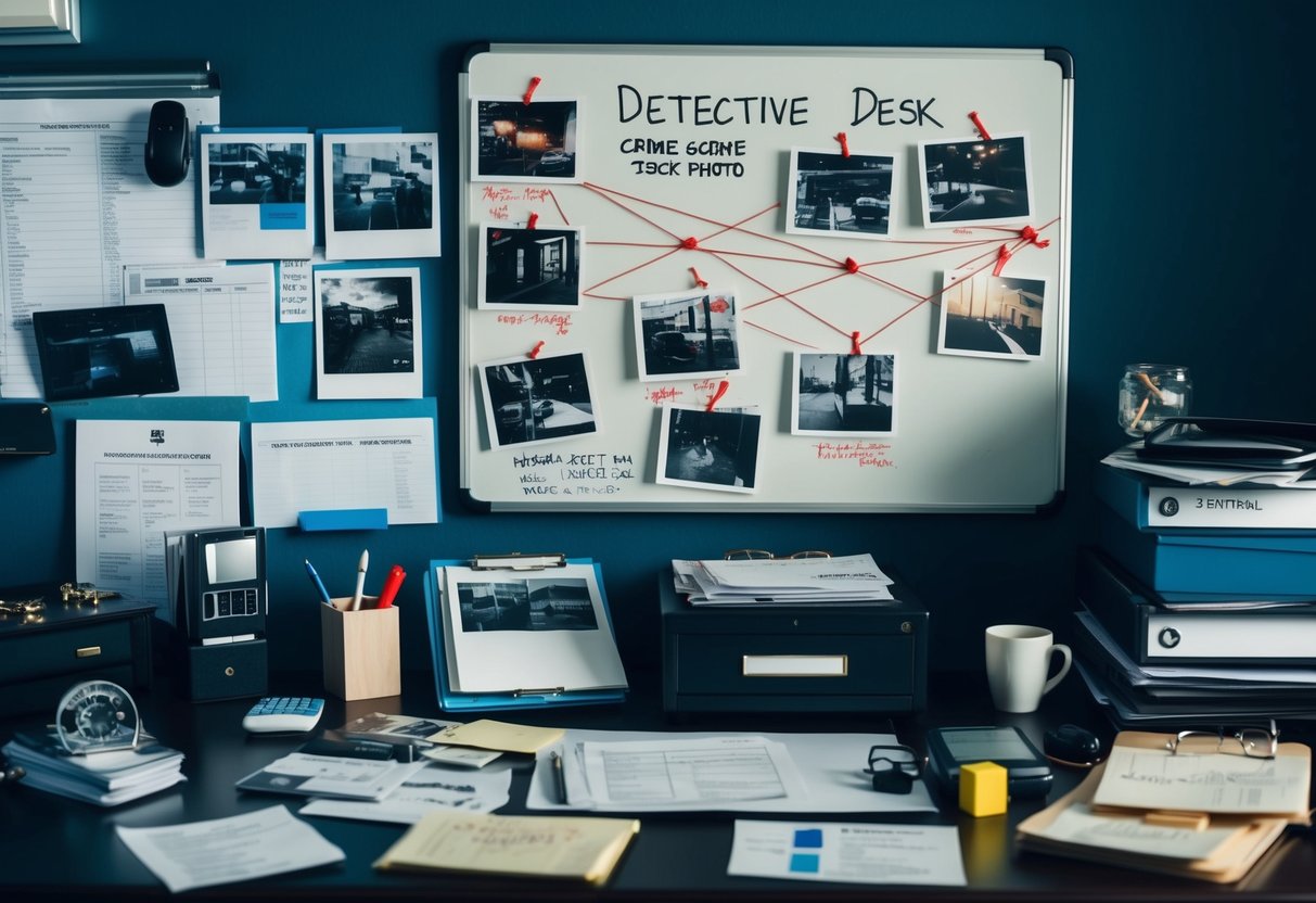 A detective's desk cluttered with evidence, crime scene photos, and case files. A whiteboard covered in scribbled notes and red string connecting key pieces of information