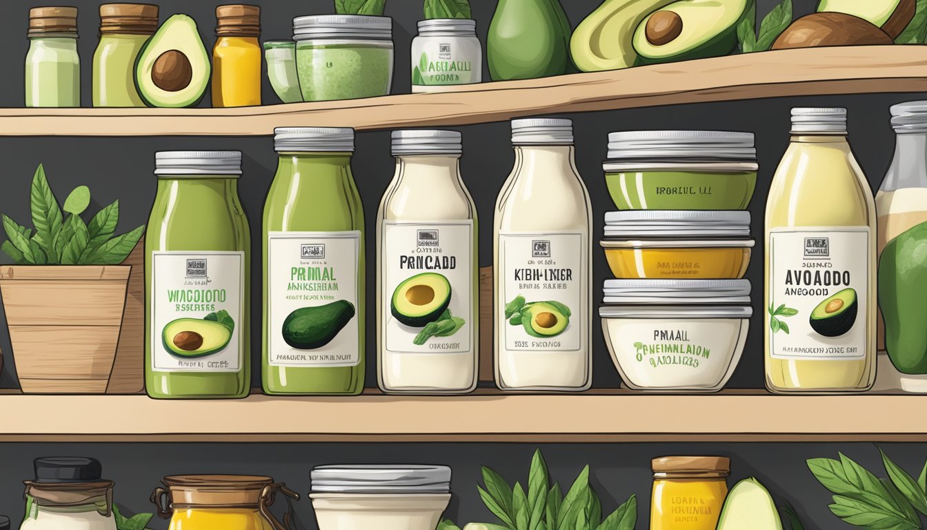 A jar of Primal Kitchen avocado oil mayo sits on a shelf, surrounded by other condiments and cooking ingredients