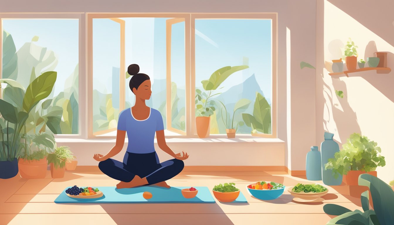 A person doing yoga in a sunlit room with a plate of colorful, nutritious food and a glass of water nearby