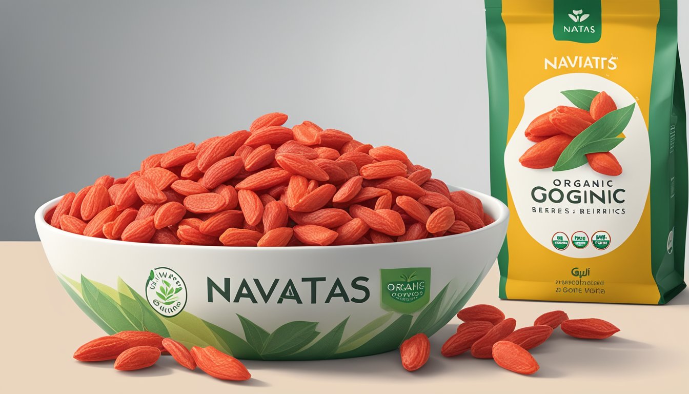 A bowl of organic goji berries surrounded by Navitas Organics packaging