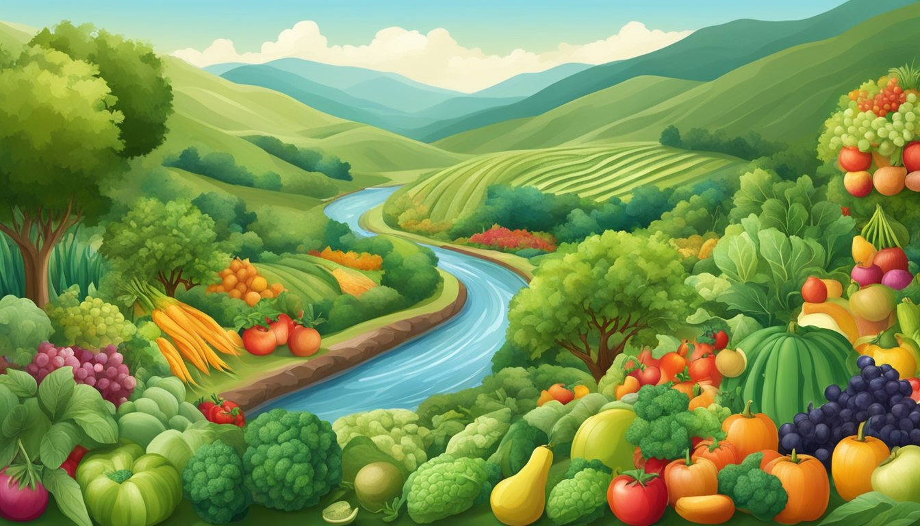 A lush garden with diverse fruits and vegetables, surrounded by a flowing river and rolling hills, symbolizing a sustainable and balanced approach to food