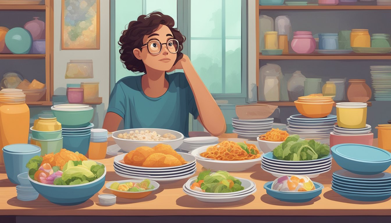 A person sitting at a table, surrounded by empty plates and food containers, with a look of disbelief turning into wonder