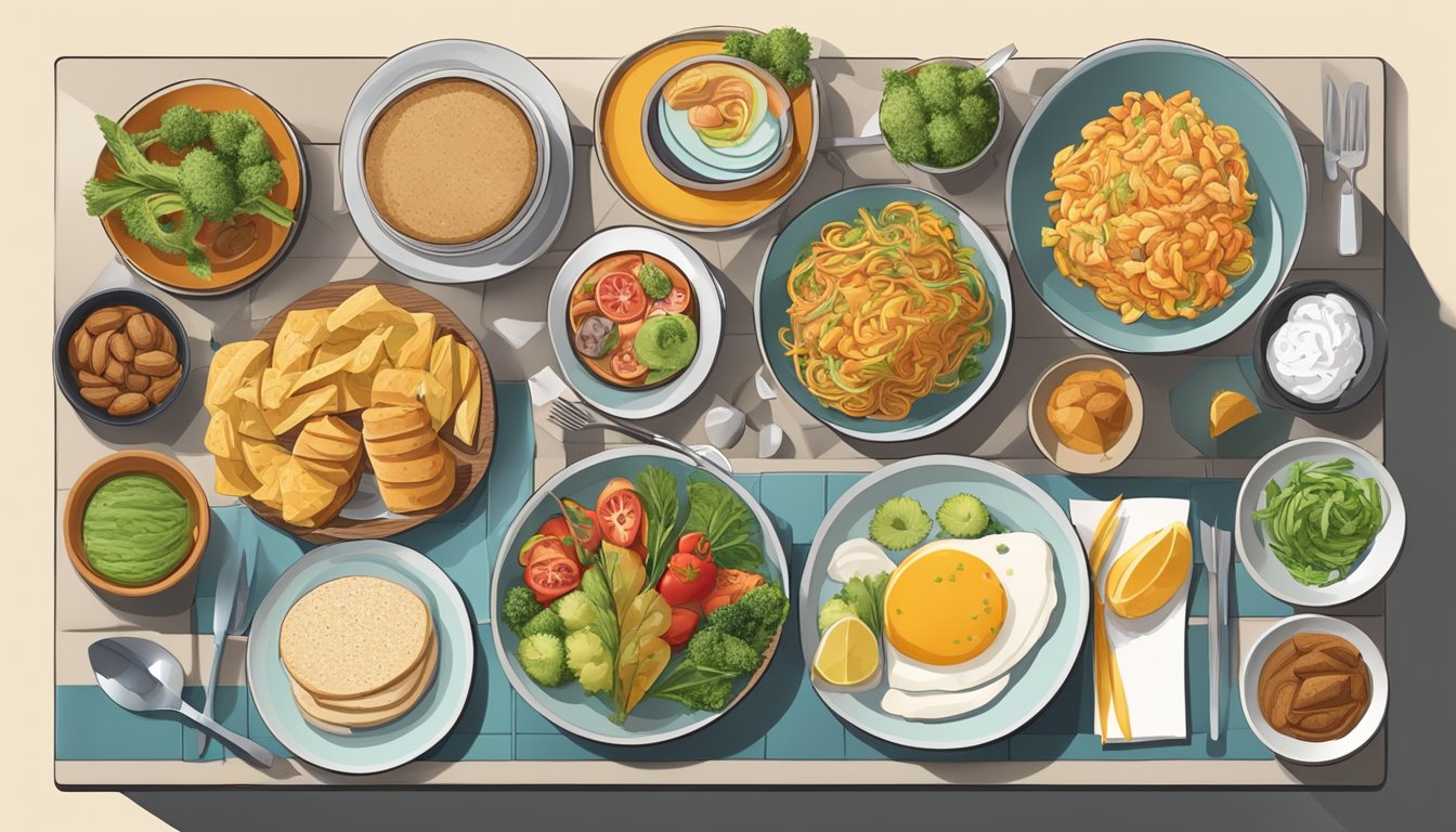 A table set with a single plate of food surrounded by a variety of activities and lifestyle elements, symbolizing the mental challenge of adapting OMAD to different lifestyles