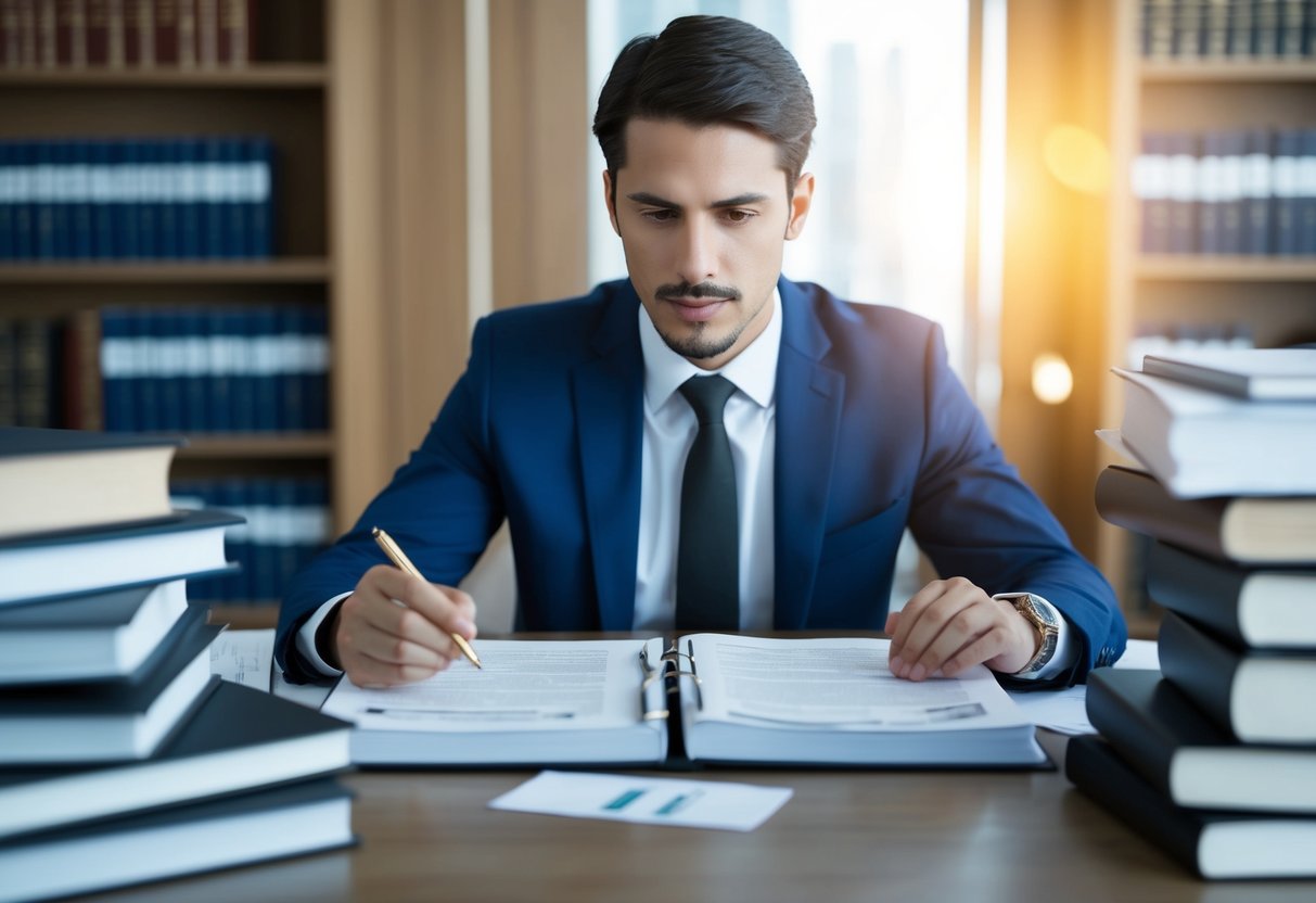 A person analyzing a complex legal case, surrounded by law books and documents, with a focused expression