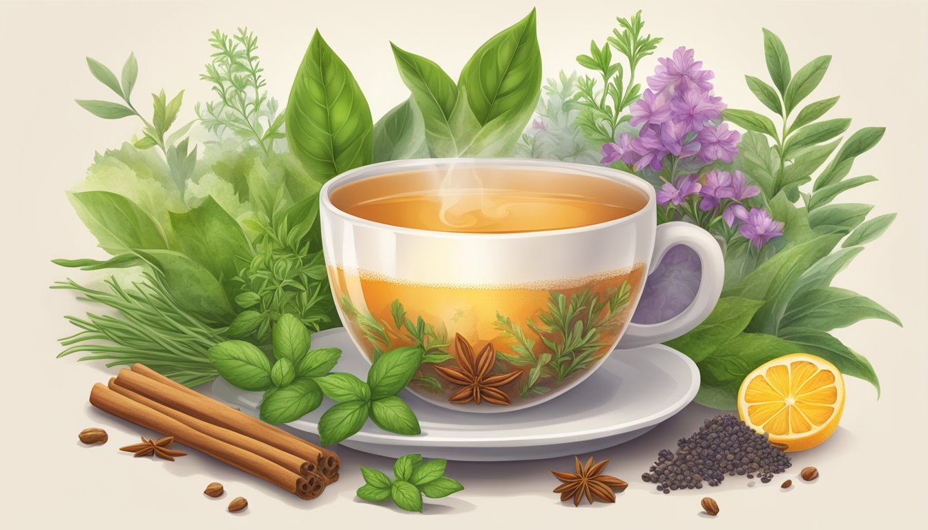 A steaming cup of Yogi Detox Tea surrounded by fresh organic herbs and spices