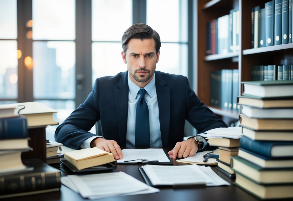 A lawyer's desk cluttered with evidence, surrounded by books and papers, with a focused and determined expression