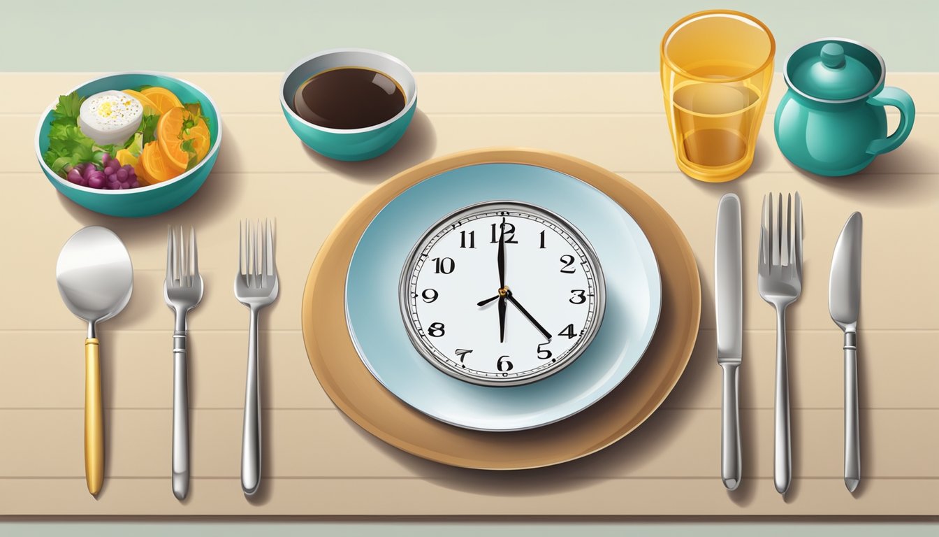 A dining table with a single plate, utensils, and a clock showing the time for one meal a day