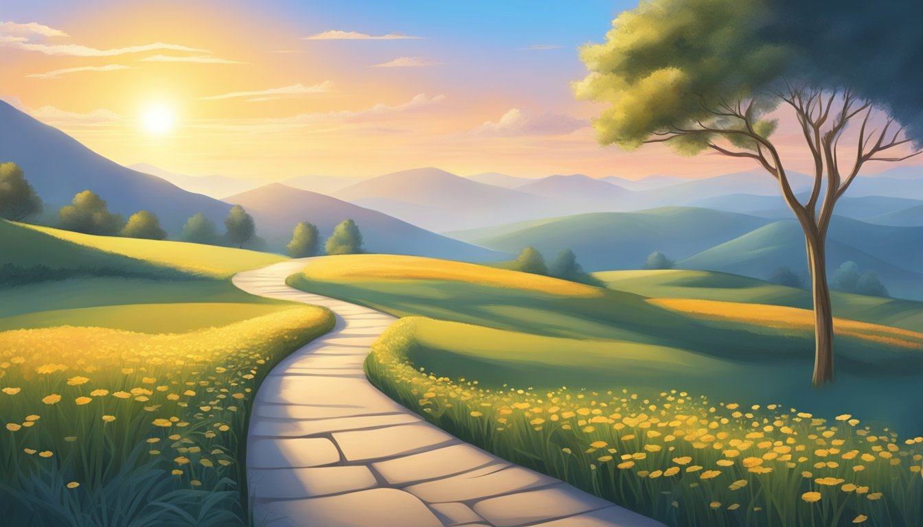 A serene landscape with a clear blue sky, a winding path leading towards a radiant sunrise, symbolizing the journey from skepticism to belief in the OMAD lifestyle