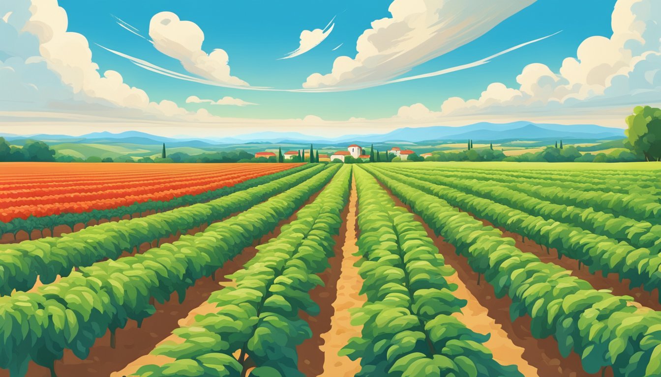 A lush Italian countryside with rows of San Marzano tomato plants stretching towards the horizon under a bright blue sky