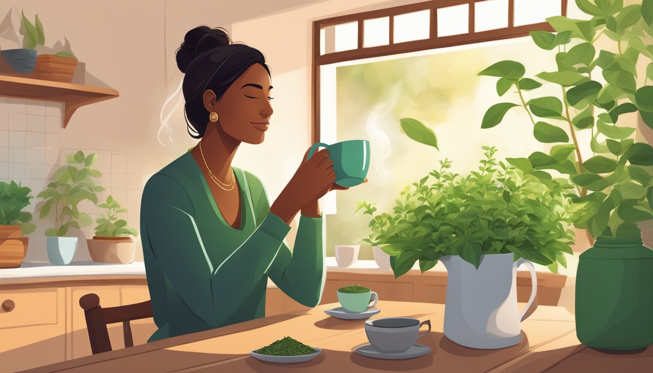 A person enjoying a cup of Organic India Tulsi Tea in a cozy, sunlit kitchen. The tea bag and steaming mug are surrounded by vibrant green tulsi leaves