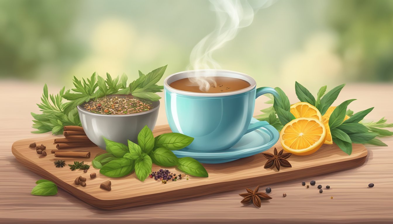 A steaming cup of Yogi Detox Tea surrounded by fresh herbs and spices on a wooden table