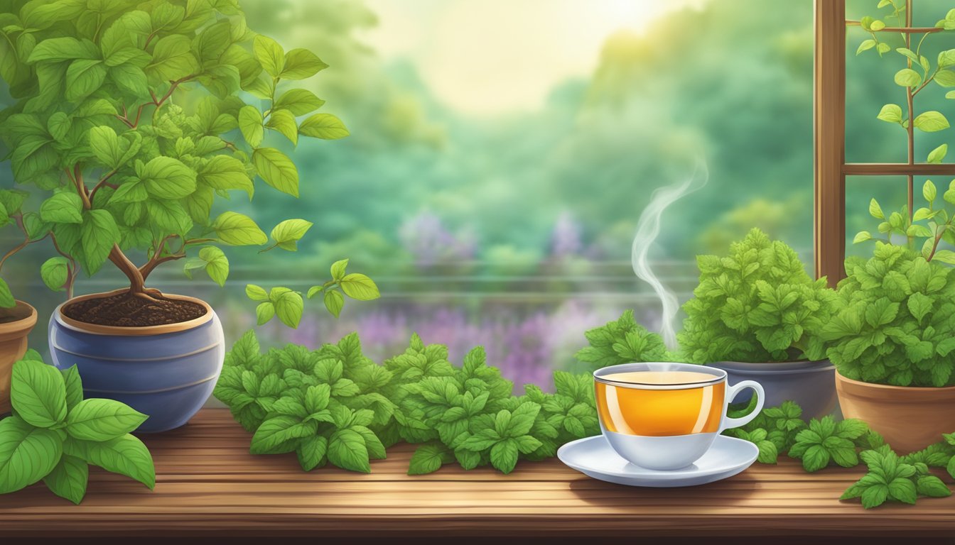 A serene garden with vibrant tulsi plants and a steaming cup of Organic India Tulsi Tea on a wooden table