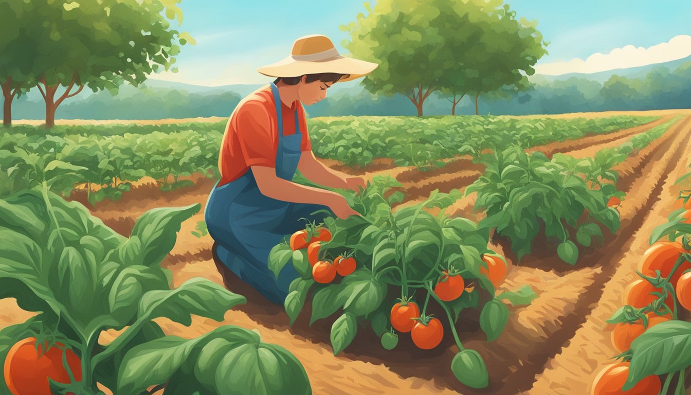 Lush tomato plants being carefully tended and harvested in a sun-drenched field