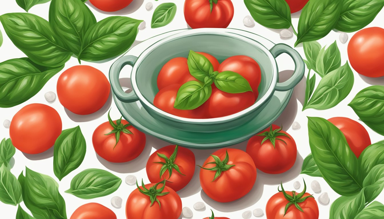 A bowl of san marzano whole peeled tomatoes surrounded by vibrant green basil leaves and a scattering of sea salt