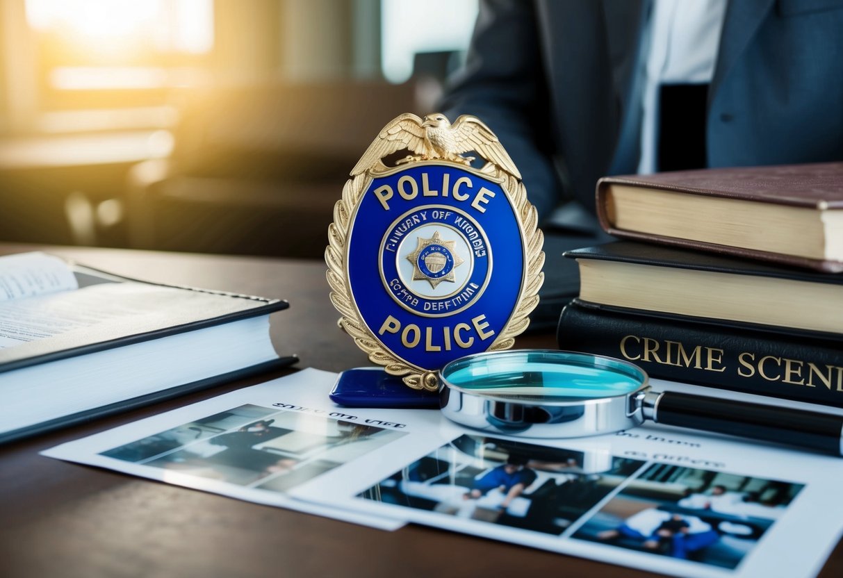 A police badge and a magnifying glass on a table, surrounded by law books and crime scene photos