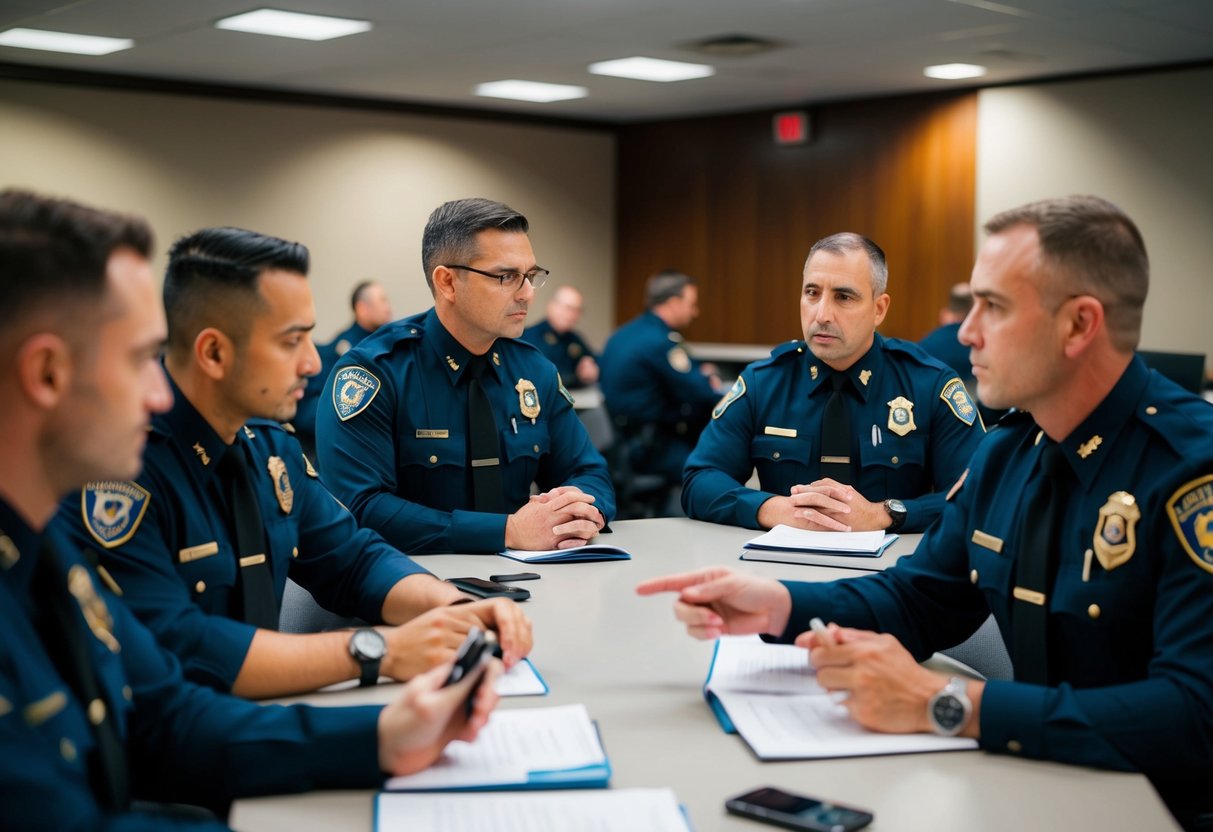 A group of law enforcement officers engage in a training program, participating in analytical exercises and discussions to improve their critical thinking skills in criminal law