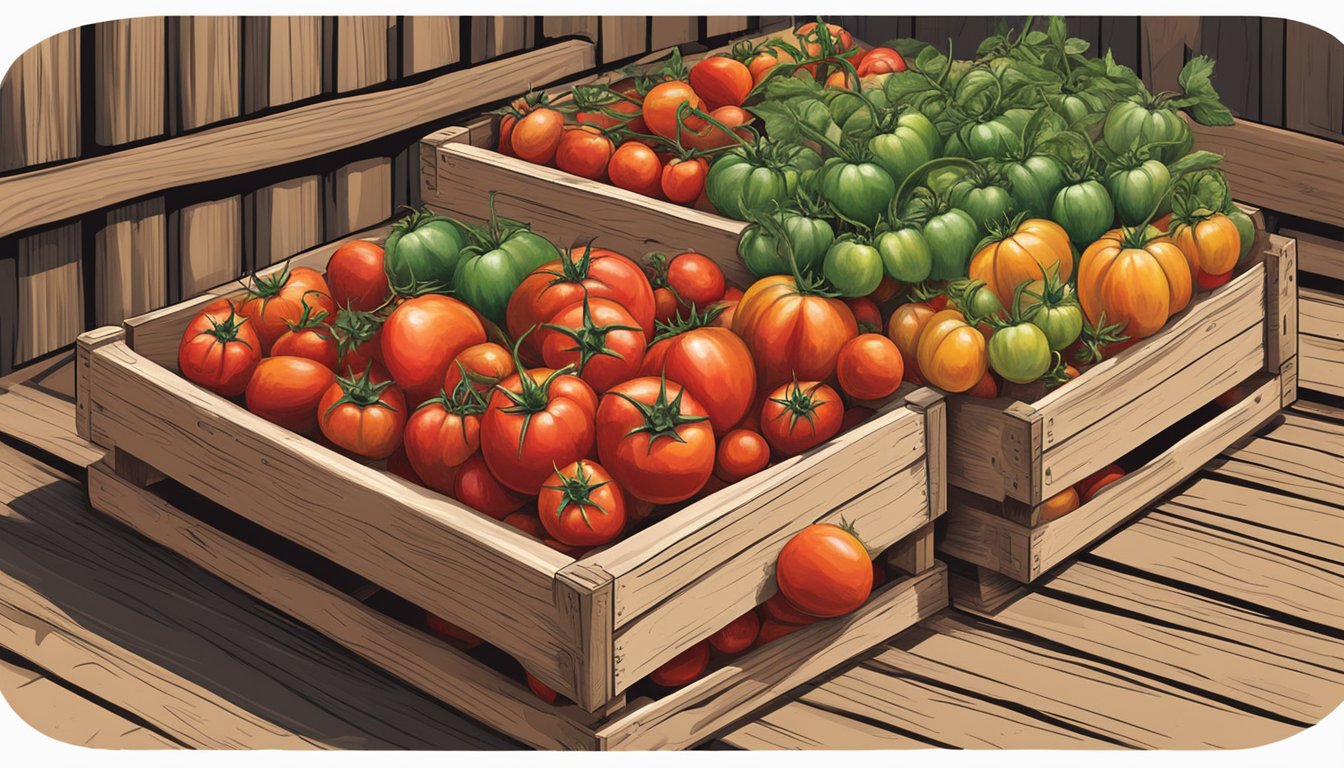 A pile of San Marzano tomatoes stands out among other varieties in a rustic wooden crate at a farmer's market