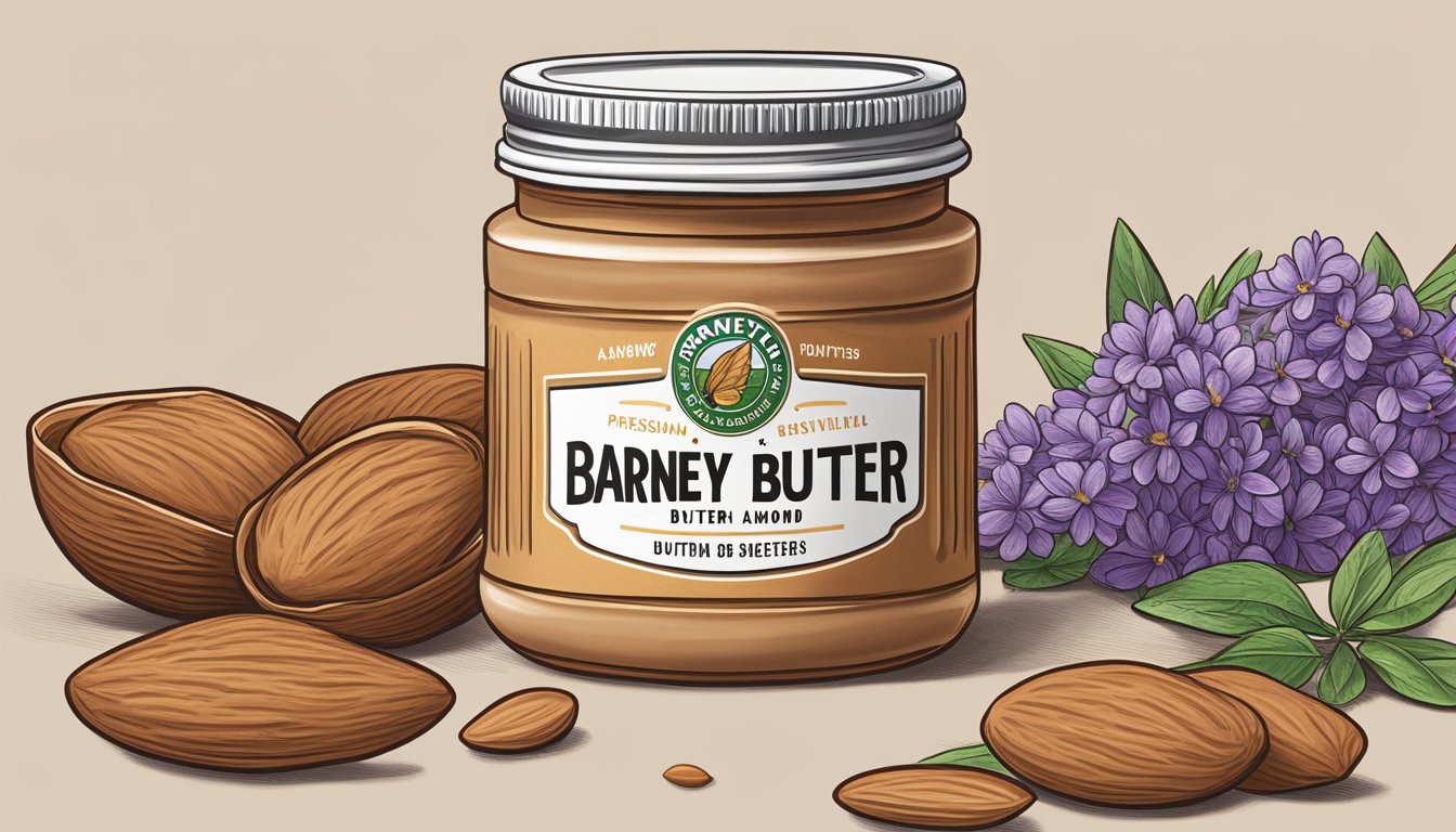 A jar of Barney Butter almond butter sits open, revealing its smooth, creamy texture. Almonds and a hint of sweetness are visible in the spread